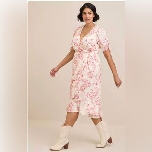 Torrid Midi Swiss Linen Surplice Dress Paisley Multi Plus Sz 1 1X 14 16